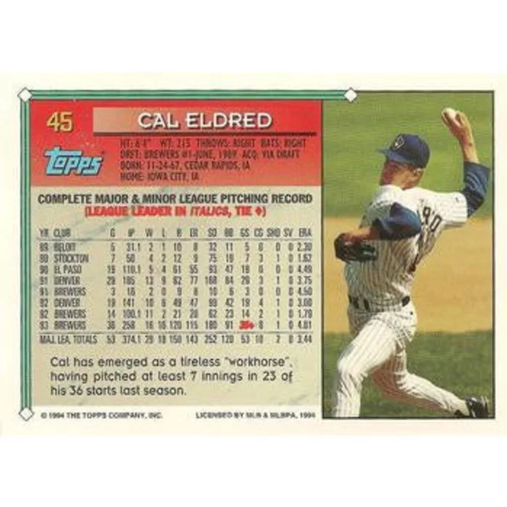 1994 Topps Cal Eldred # 45 Milwaukee Brewers